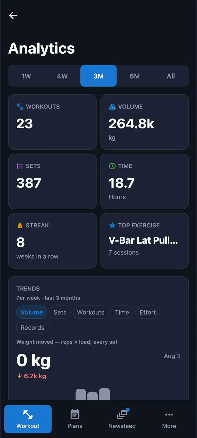Training analytics — workouts, volume, sets, hours and streak