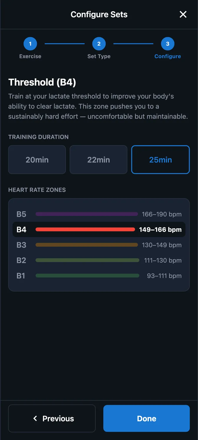 Cardio heart-rate zones B1 to B5 with their BPM ranges