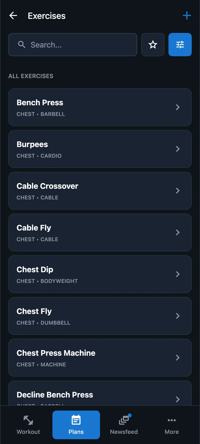The exercise library filtered to chest exercises