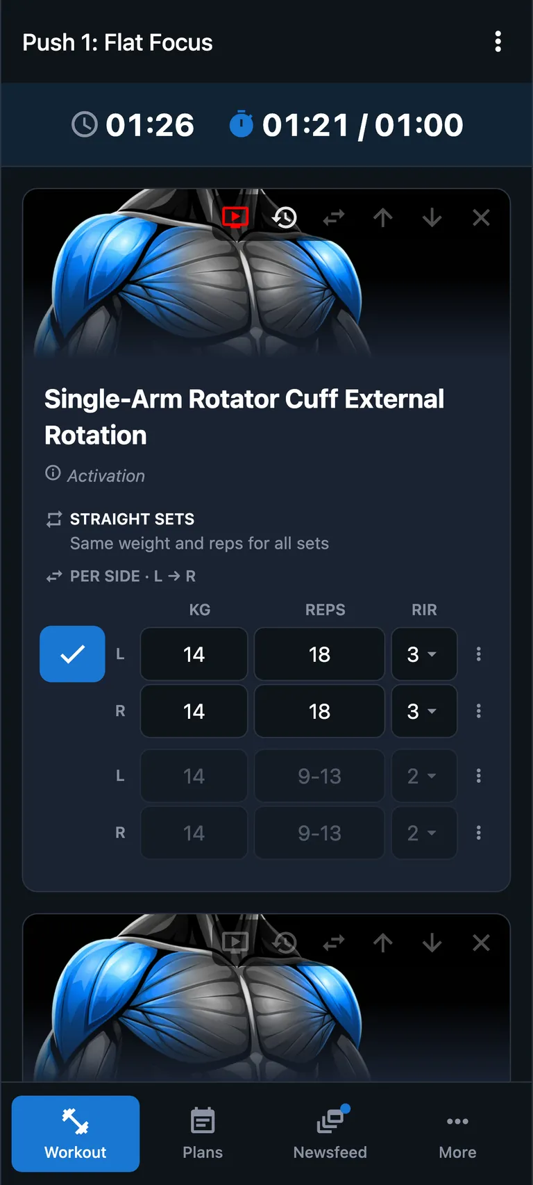 Logging a set in a live workout — weight, reps and RIR for every set