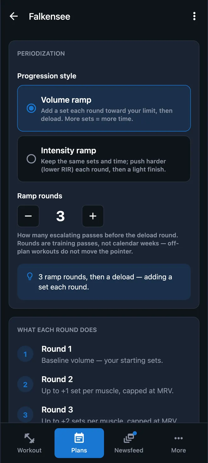 Mesocycle settings — volume ramp, ramp rounds and deload