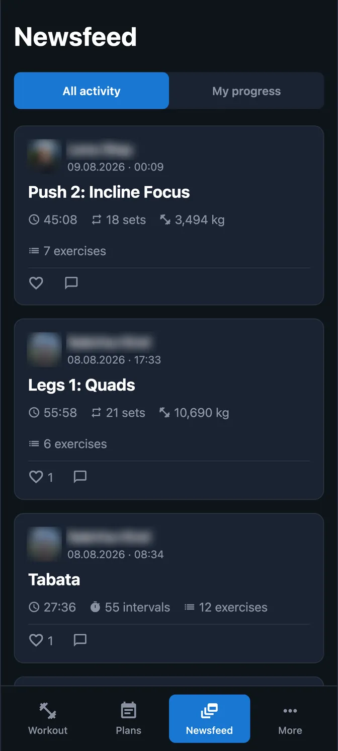 Friends' completed workouts in the activity feed