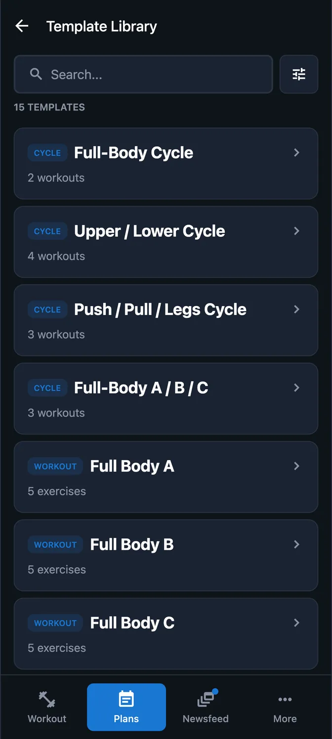 The template library of 15 ready-made plans